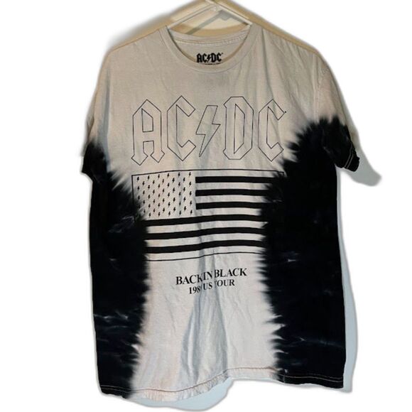 AC/DC Men's Retro Back in Black 1980 Tour White/Black TieDye 2021 Tee M/L - Picture 1 of 4